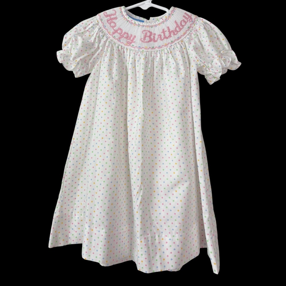 Anavini Hand Smocked Bishop Colorful Polka Dot Happy Birthday‎ Dress Size 2